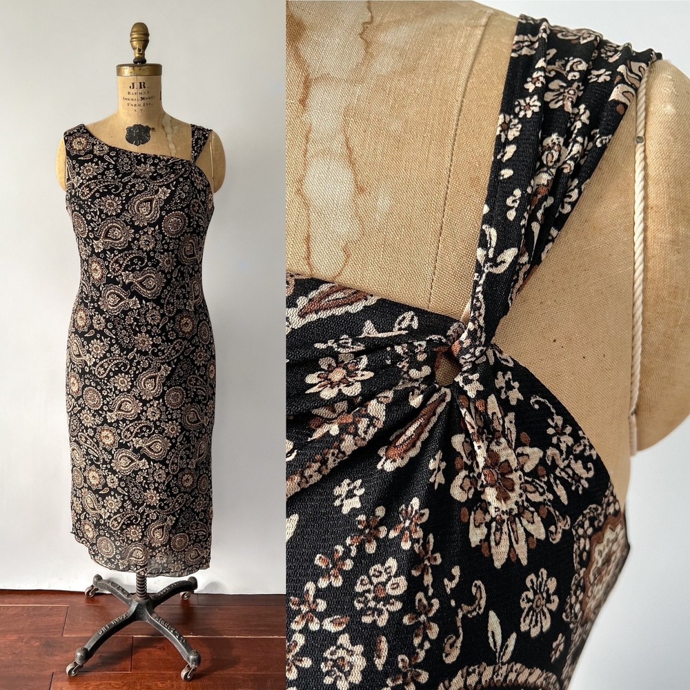 1990s Vintage Black Tan Paisley Print Mesh Sleeveless Keyhole Neck Slip Dress M